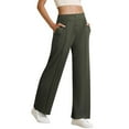 thumbnail image 3 of Women's Casual Straight Leg Trousers, High Waisted Button Down Elasticated Wide Leg Pants with Pockets, Office Casual Pants for Women,Army Green,M, 3 of 4