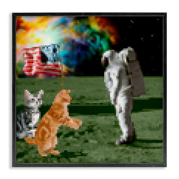 Stupell Industries Pixel Cats & Astronaut Novelty & Humor Painting Black Framed Art Print Wall Art, 12 x 12