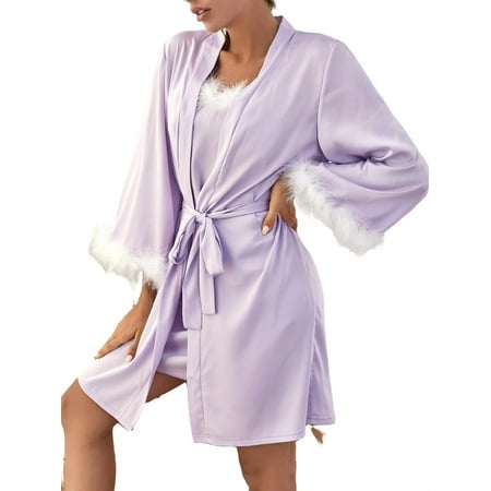 

2pcs Set Cute Colorblock Cami Dress Sets Sleeveless Lilac Purple Women s Pajama Sets (Women s)