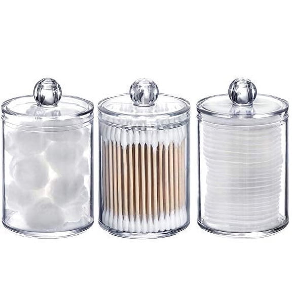 Flahamy 10 oz Plastic Cotton Swab Ball Pad Holder, Qtip Jar Clear Makeup Organizer, Bathroom Containers Dispenser 3 Pack