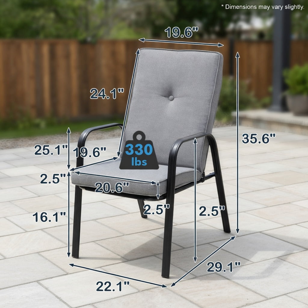 Hommoo 4-Pack Stackable Outdoor Dining Chairs with High-Back Cushions, Heavy-Duty Steel Frame, Rust-Resistant Powder-Coated Finish, Indoor/Outdoor Use, Gray