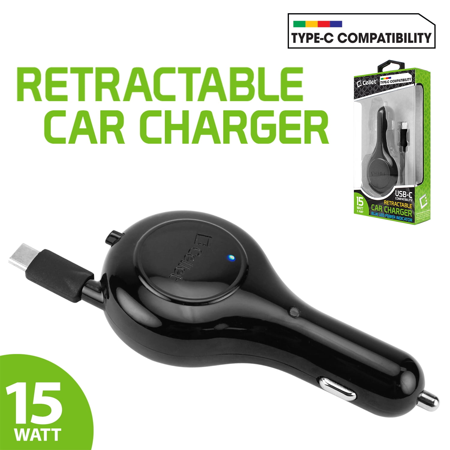TypeC (USBC) Compact Retractable car charger for OnePlus 6, 5T, 5, 3T
