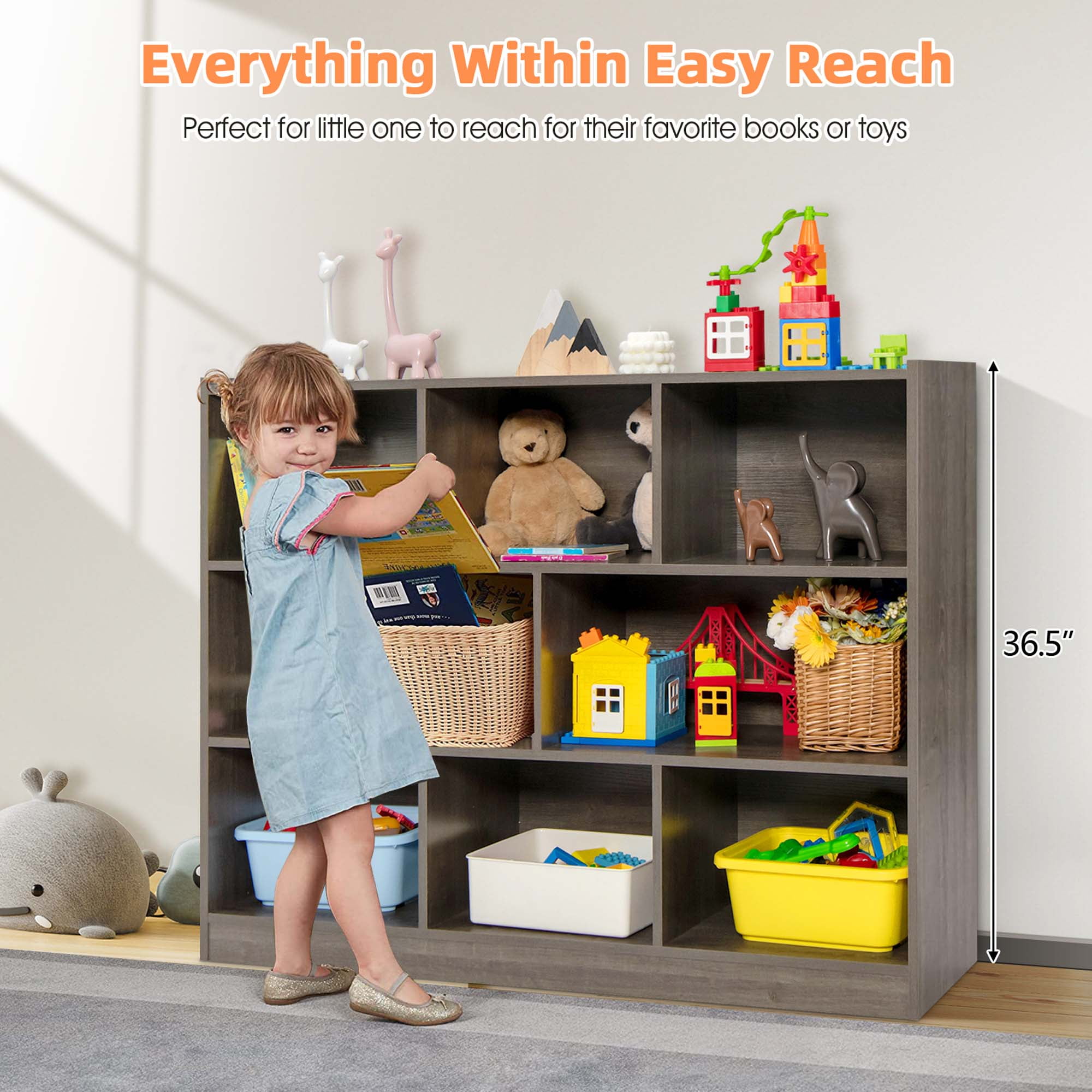 Costway 3-tier Open Bookcase 8-Cube Bookshelf Storage Display Cabinet French Oak Gray