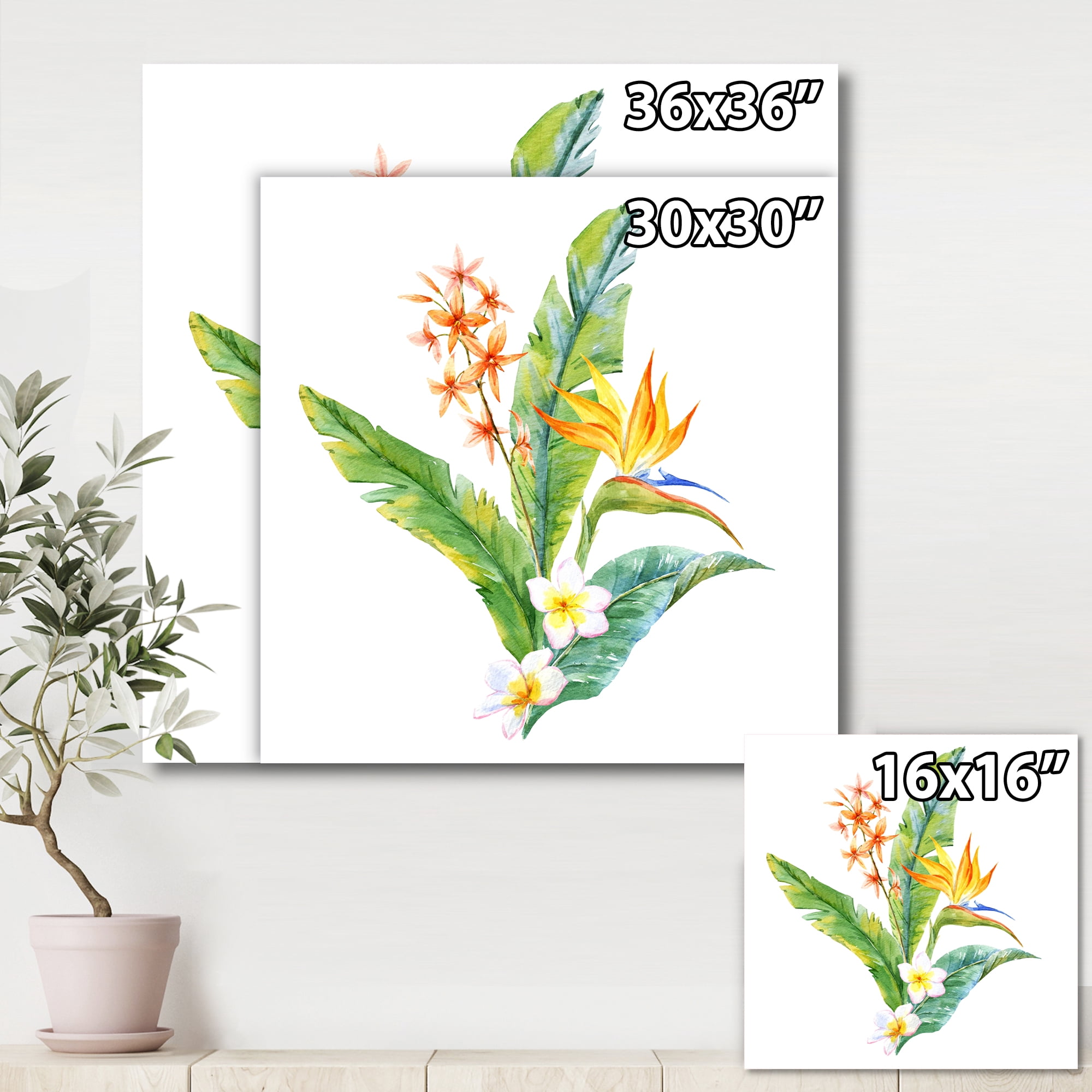 Designart ' Green Leaves With Tropical Yellow Flowers I ' Traditional Canvas Wall Art Print