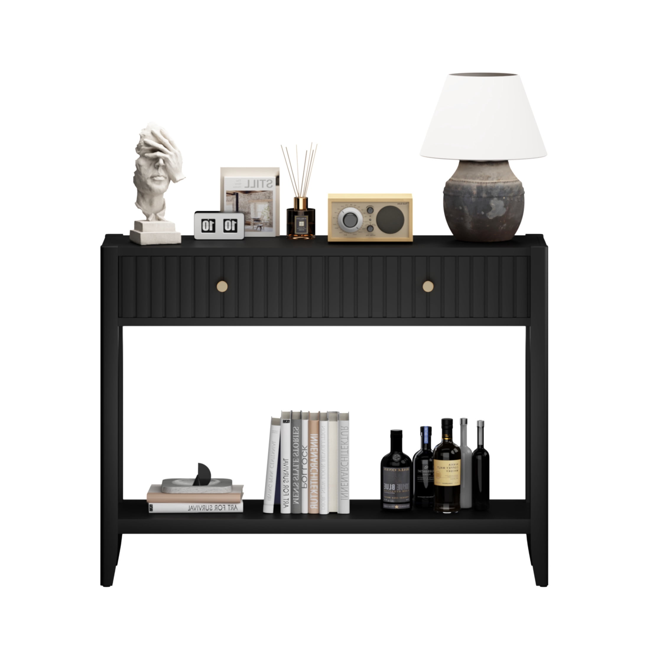 Noble House Narrow Wooden Console Table, Entryway Accent Sofa Table with Hidden Drawers and Storage Shelf, Black