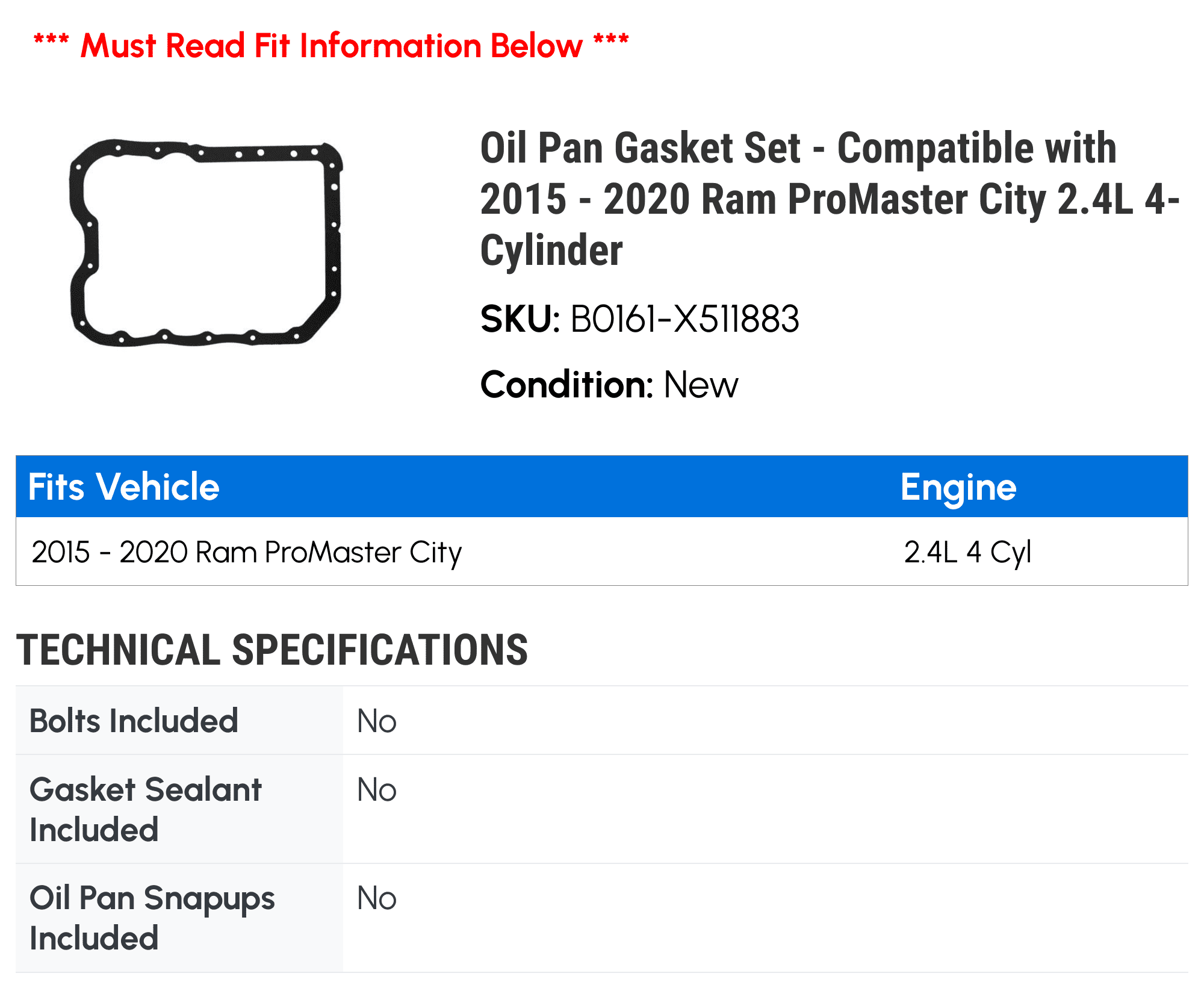 Oil Pan Gasket Set - Compatible with 2015 - 2020 Ram ProMaster City 2.4L 4-Cylinder 2016 2017 2018 2019