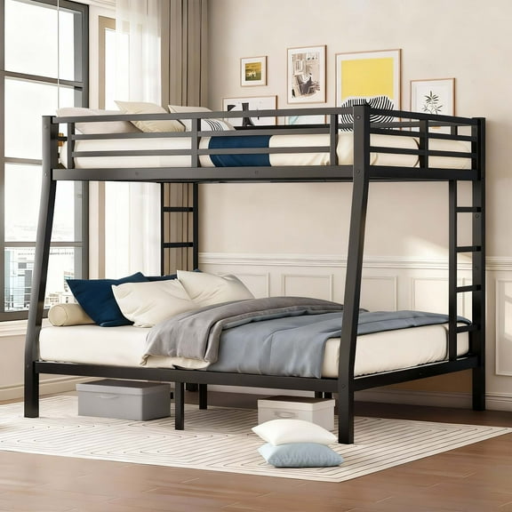 Miniyam Metal Full XL over Queen Bunk Bed, Heavy Duty Frame, Full Guardrails, Noise-Free, Space-Saving,Black
