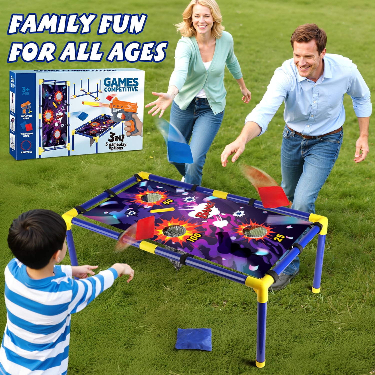 UQN Bean Bag Toss Game for Kids 3-8, 3-in-1 Outdoor Cornhole Game Set with Shooting & Ring Toss Games for Kids, Backyard Indoor Outside Toys for Boys Girls Ages 5 6 7 8 9 10, Birthday Party Game Gift