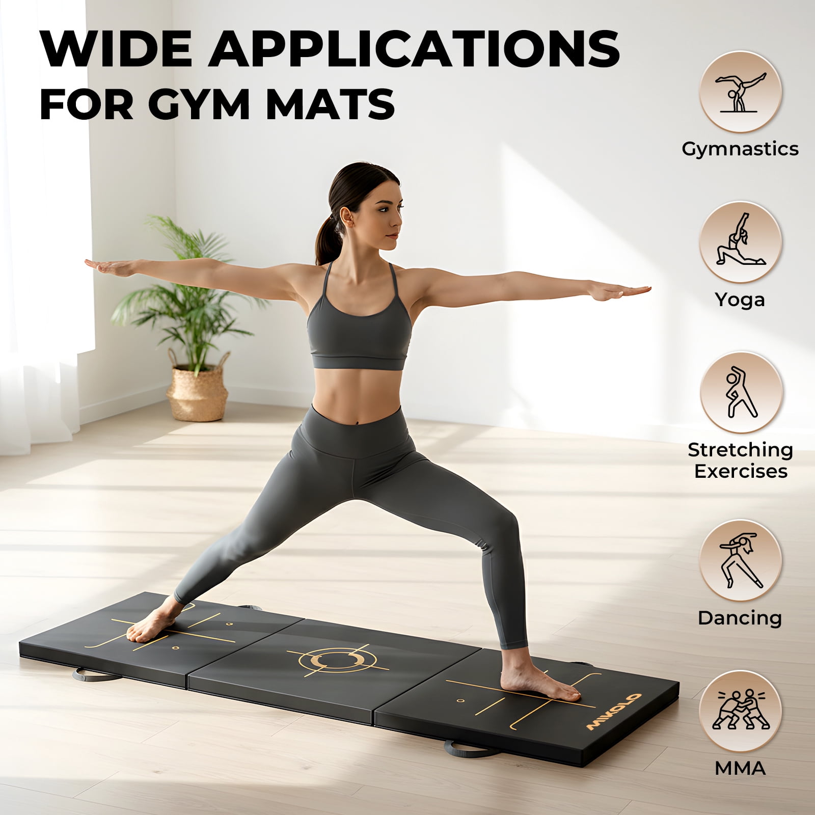 Mikolo Tri-Fold Folding Gymnastics Mat Anti Tear Yoga Mat Carrying Handles for Home Gym , Thick Portable Exercise Mat and Tumbling Mat for Stretching, Pilates, Aerobics Workouts