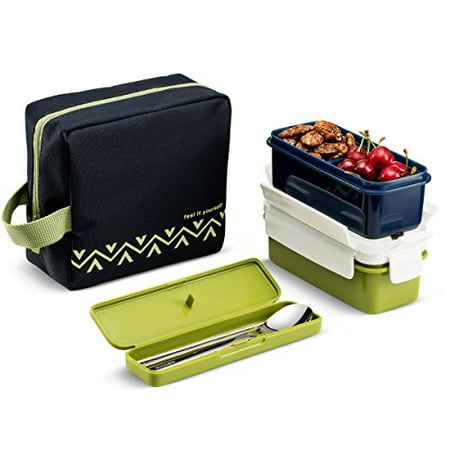Lunch Bags With Containers Komax Lunchmate Bento Lunch Bag and Box Kit - Insulated Bag with 2 Biokips Food Storage Airtight Containers (17.9oz), Utensils and Chopsticks - Bpa Free Plastic With Locking Lids ()
