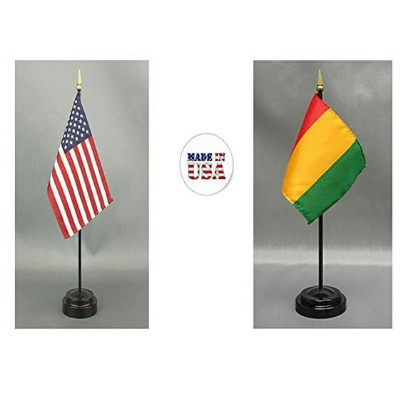 Made in The USA. 1 American and 1 Guinea Rayon 4"x6" Miniature Office Desk & Little Hand Waving Table Flag, Includes 2 Flag Stands & 2 Small 4"x6" Mini Stick Flags