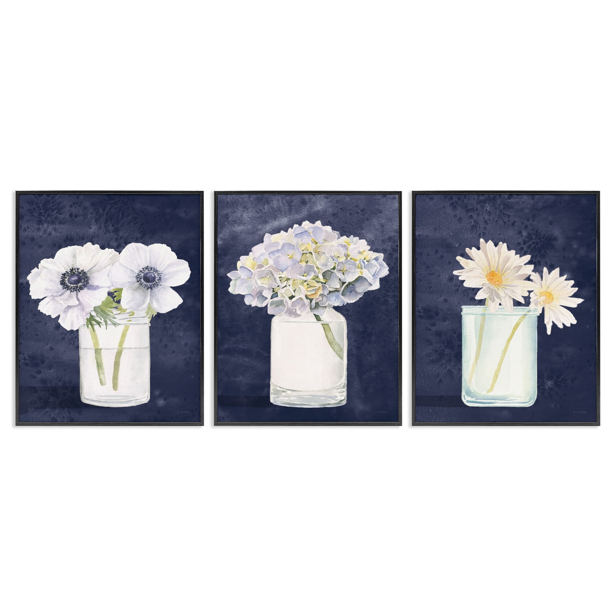 Stupell Industries Farmhouse Flower Bouquets Navy Blue White Painting Framed Wall Art Design by James Wiens, 3 Piece, 11" x 14", Black Framed