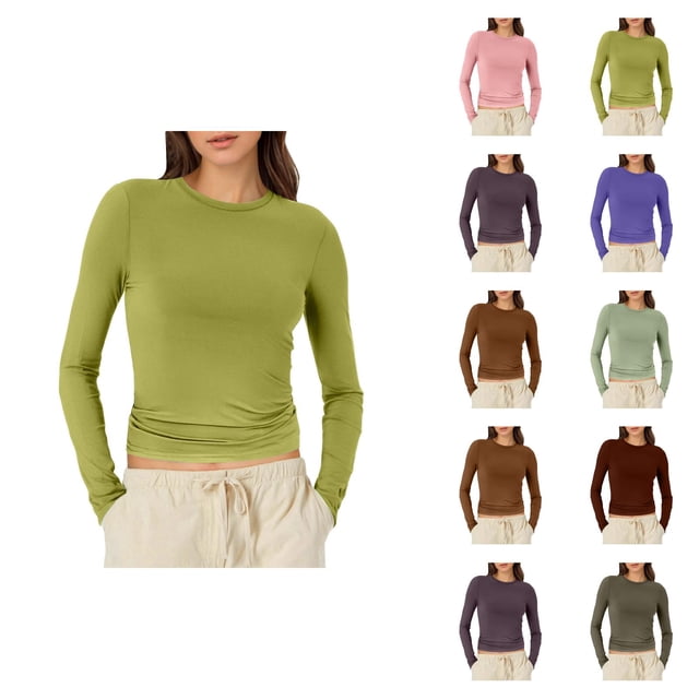 Chemises à Manches Longues pour Femmes 2026 Printemps Tendance Y2k T-Shirt Court Col Rond Ajusté