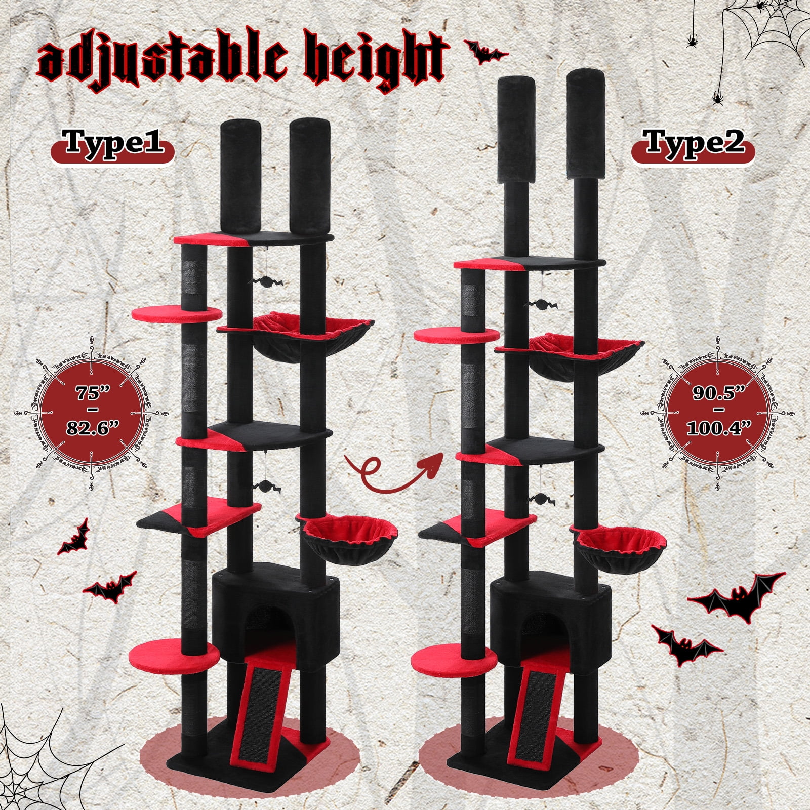 Kadyn Floor to Ceiling Cat Tree Tower Ajustable Height (90.5''~100.4'') 6 Tiers Cactus Cat Tree House with Cat Condo Hammock and Sisal Covered Post for Indoor Cats, Black