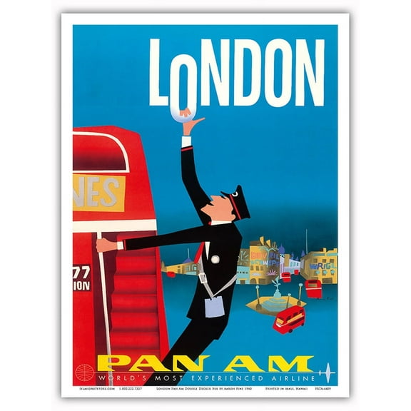 London England - Double Decker Buses Bovril and Schweppe - Pan American World Airways - Vintage Airline Travel Poster by Aaron Fine c.1950s - Master Art Print (Unframed) 9in x 12in