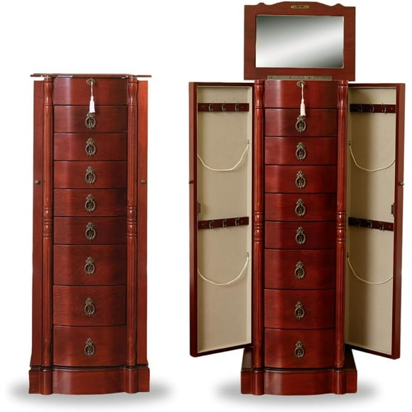 BICHUQIAN Sheffield Traditional Standing Jewelry Armoire Cabinet, Antique Locking Storage Organizer with Mirror, 8 Drawers, Necklace Hooks, Anti-Tarnish Lining, Cherry
