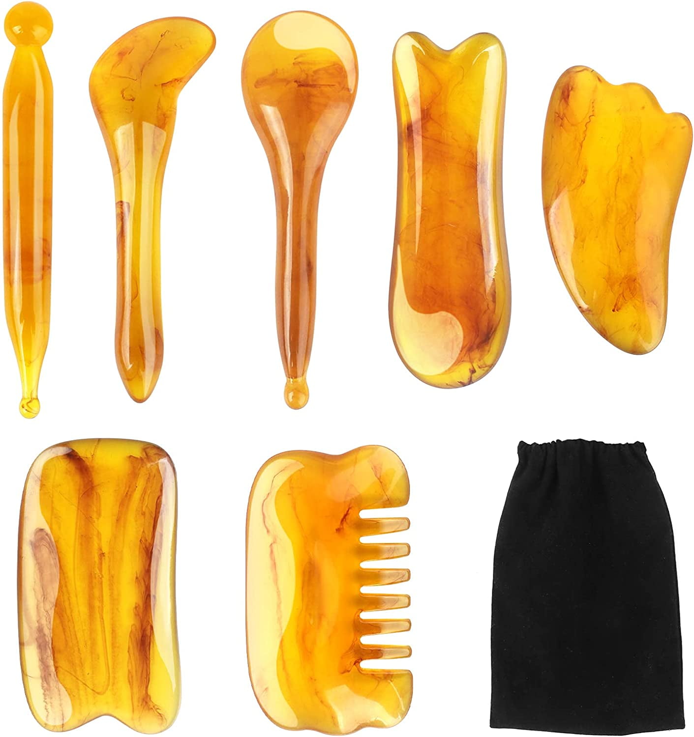 7PCS Scraping Massage Tool Facial Resin Amber Gua Sha Set For Unblock Meridians Muscle Relief Eliminate Fatigue