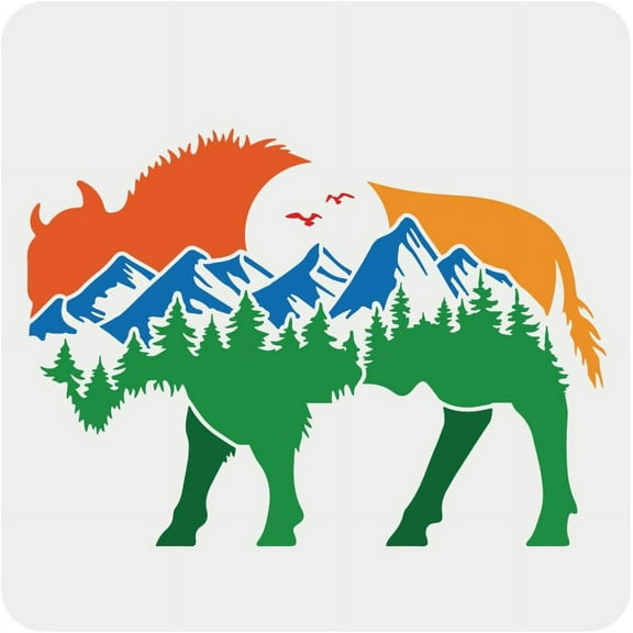 Buffalo and Nature Stencil for DIY Painting 11.8x11.8 inch Reusable Bird Mountain Pattern Painting Stencil Plastic Craft Stencil for DIY Painting on Wall Wood Furniture DIY Home Decoration