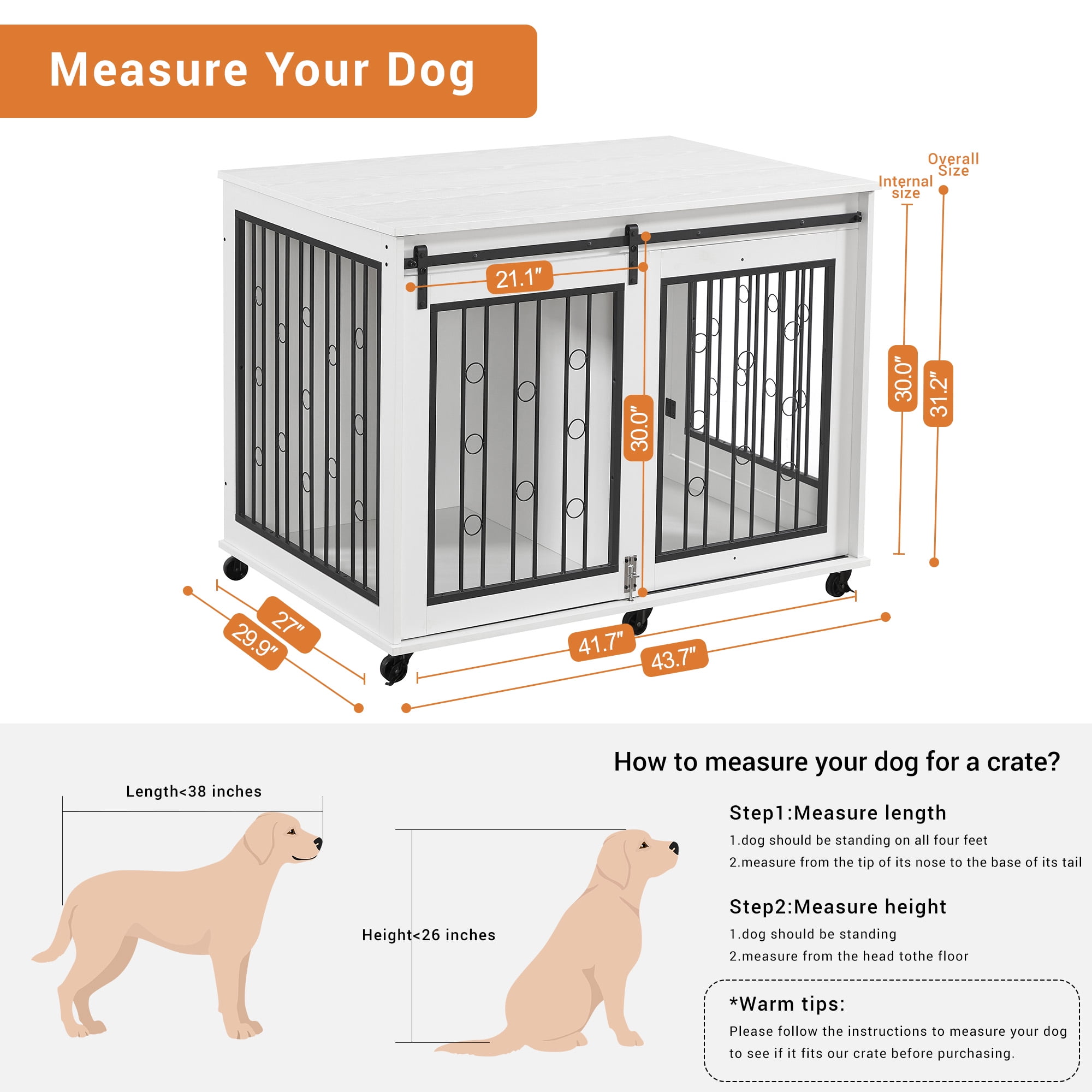 Pefilos 43" Sliding Door Dog Crate with Partition for Two Puppies, Furniture Style Dog Cage with Wheels, Indoor Kennel, White Pefilos 43" Sliding Door Dog Crate with Partition for Two Puppies, Furniture Style Dog Cage with Wheels, Indoor Kennel, White
