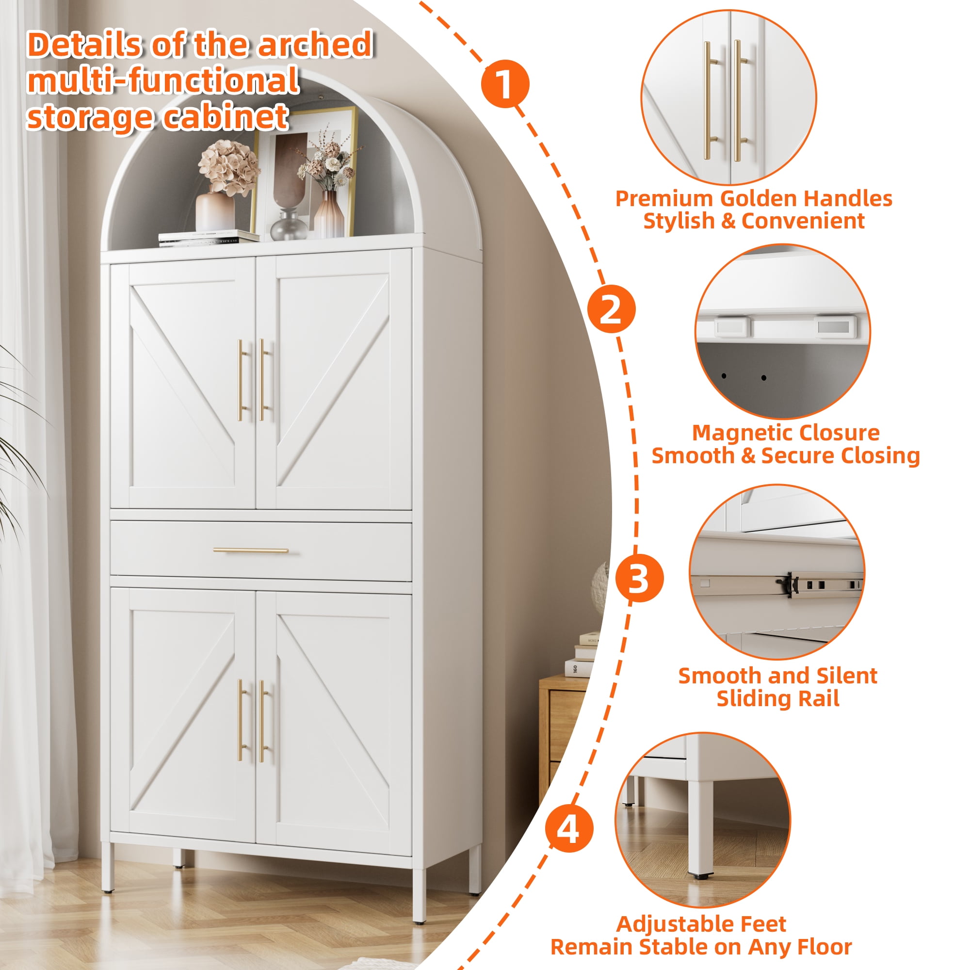 HUAXRON 73” Kitchen Pantry Cabinet with 1 Drawer, Arched Storage Cabinet with Doors and Adjustable Shelves, Tall Freestanding Cupboard for Kitchen,Living Room，Dining Room，Assembly Required,White