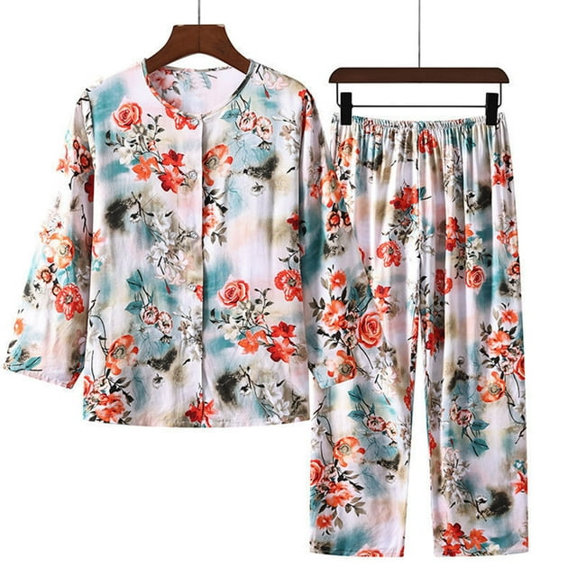 Drppepioner Ensembles de Pyjama pour Femmes, Grande Taille en Liquidation! Ensemble d'Été pour Femmes Deux Pièces Manches Longues Col Rond Ensemble de Pyjama Hauts Imprimés Ensemble Pantalon Multicolore