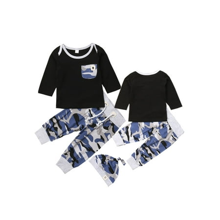 

Newborn Infant Baby Boy Casual Top T-shirt+Camo Pants Beanie Hat Outfit Clothes Set 0-24M