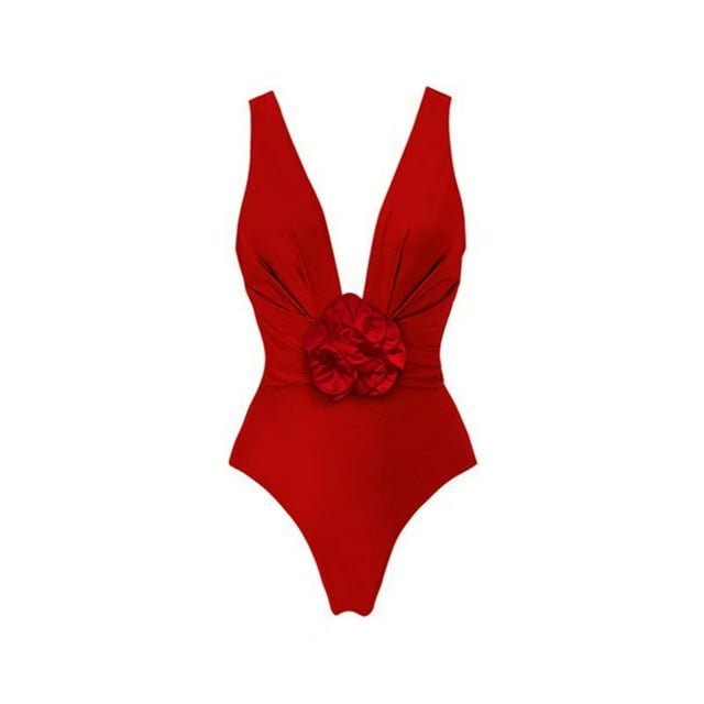 UPPADA Women's One Piece Swimsuit Cute Floral Bathing Suit Deep V Neck Tummy Control Swimwear Push Up Bathing Suit Full Coverage Slimming Swimwear Ruched Sleeveless Swimsuit Clearance Red,Xl