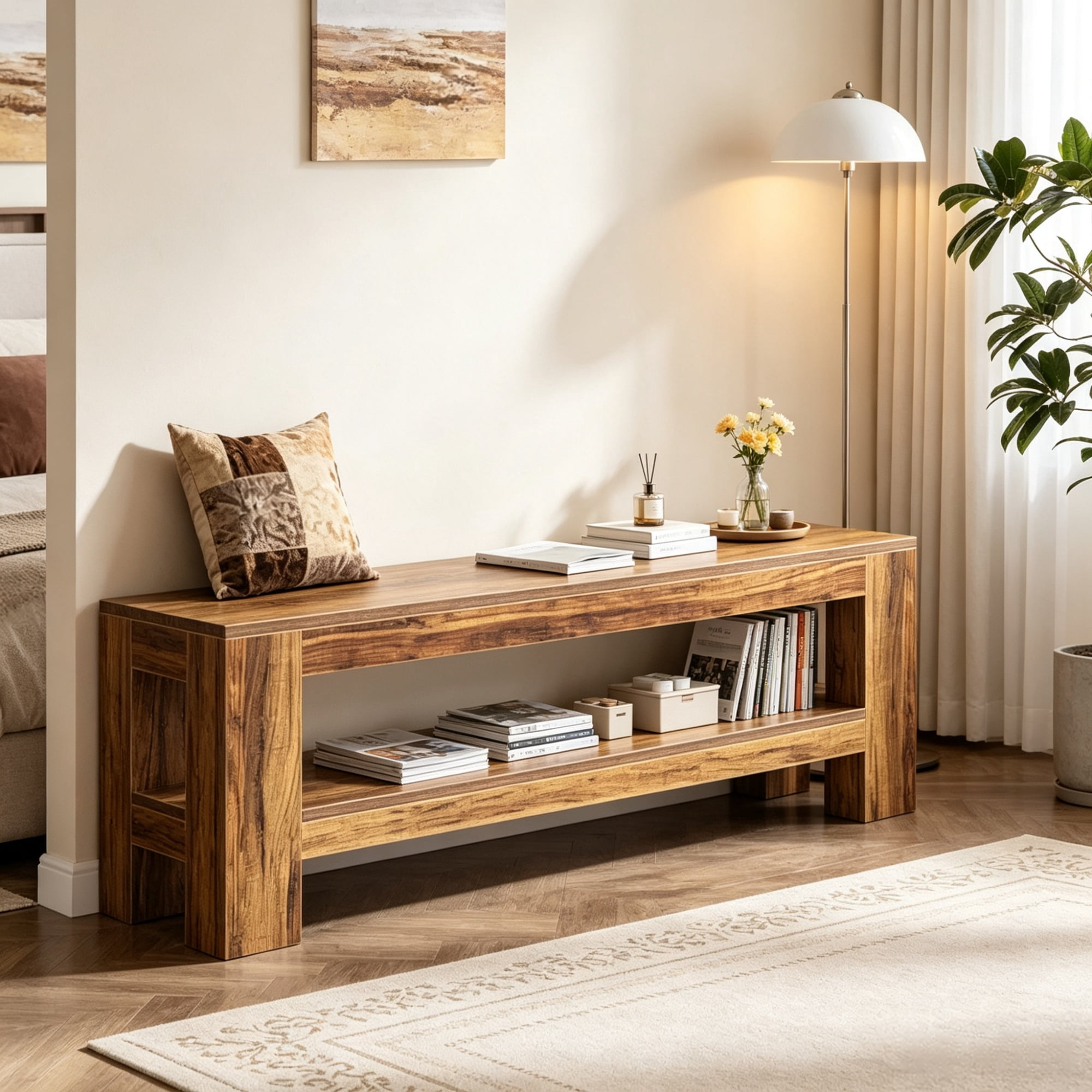 Farmhouse 64.17 in Entryway Bench, MDF Shoe Storage Console and End of Bed Table