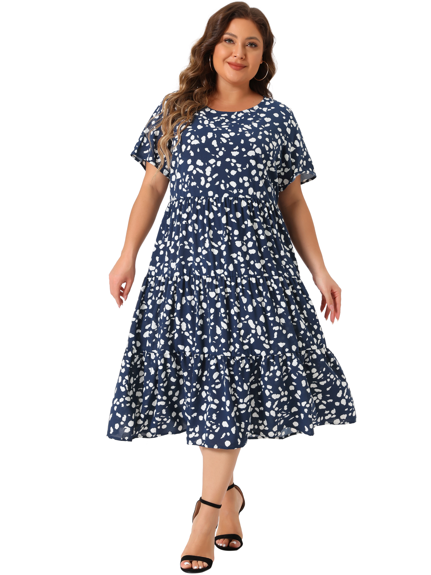 DARING DIVA Plus Size Tiered Polka Dots Midi Short Sleeve Babydoll Dress 3X Dark Blue