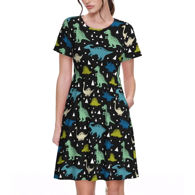 Bixox Robe d'Été à Manches Courtes pour Femmes Robe Ample Longueur Genou avec Poches-Dinosaure