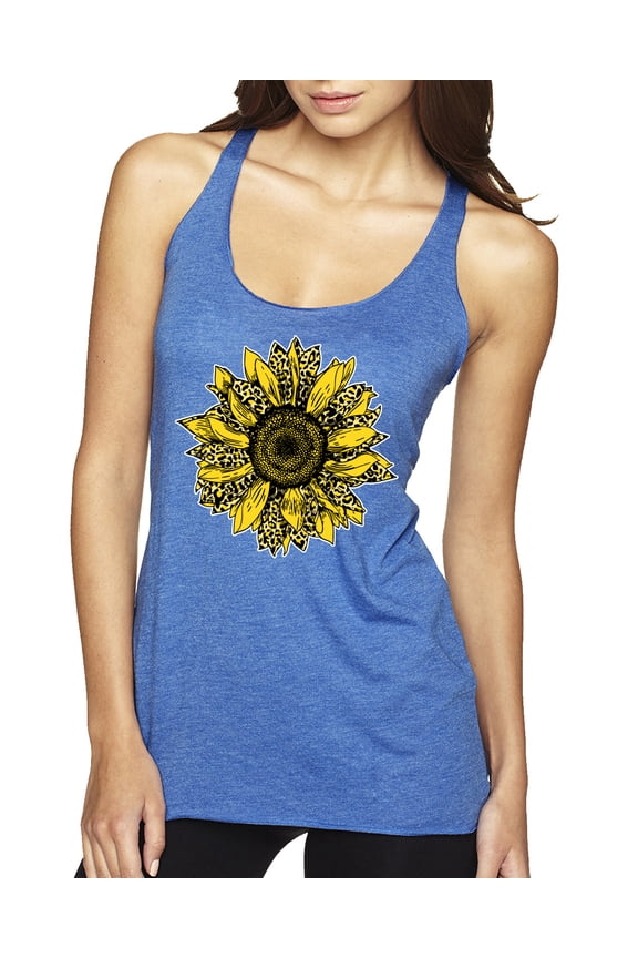 , Artsy Cheetah Leopard Print Sunflower, Fashion, Women Tri-Blend Racerback Tank Top, Vintage Royal, Medium
