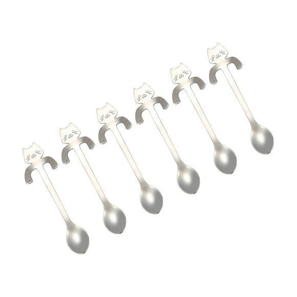 keepw 6pcs Hanging Cup Spoon Cute Cat Coffee Spoon Teaspoon Portable Stainless Steel Ice Tableware Kitchen Supplies for