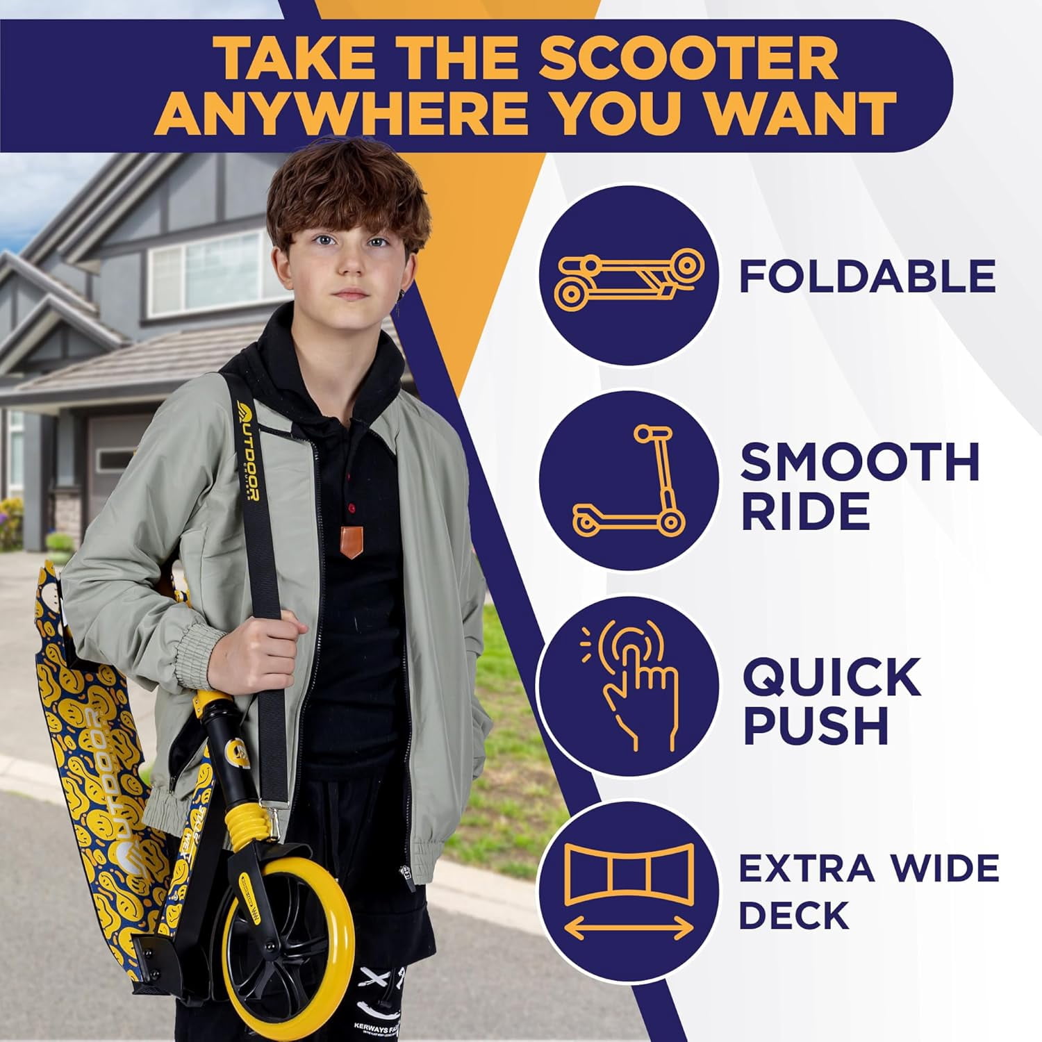 Outdoor Cruiser Kick Scooter for Ages 6+, for Kids, Teens, and Adults, Max Load 250 LBS, Foldable, 8-inch Big Wheels, Dual Suspension, 3 Adjustable Levels, Child Safety Approved, Yellow