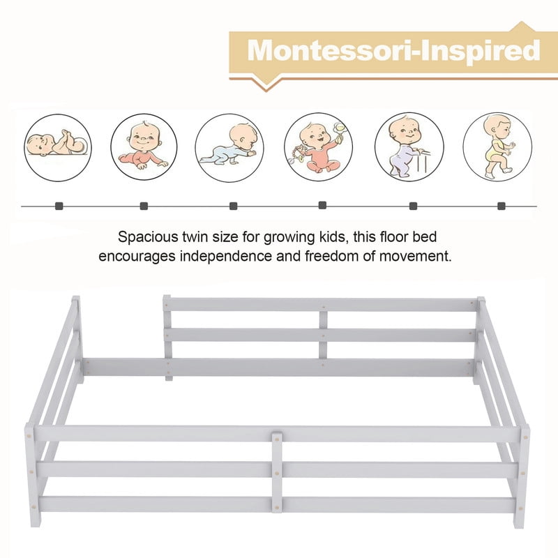 Bellemave Full Montessori Bed with Rails, Wood Full Size Floor Bed Frame with Fence, Low to Ground Bed Frame with Safety Guardrails - Gray