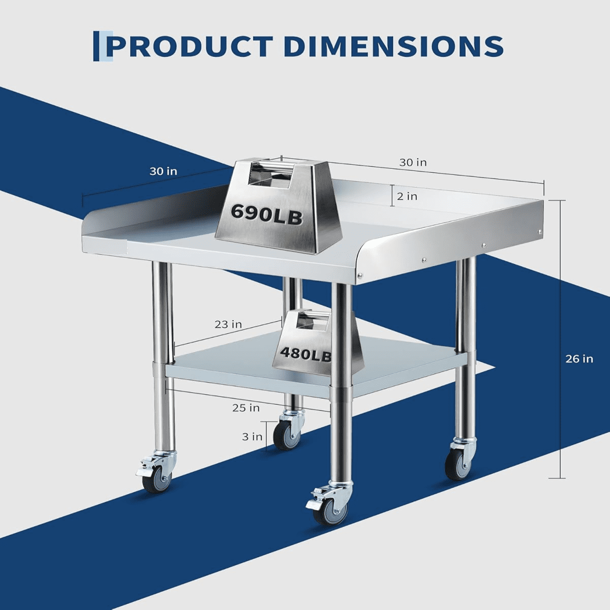 Stainless Steel Work Table,Commercial Food Prep Worktable with  3-Sided Backsplash&Height-Adjustable Shelf,Heavy Duty Portable Prep Worktable with 4 Wheels for Restaurant Home Hotel