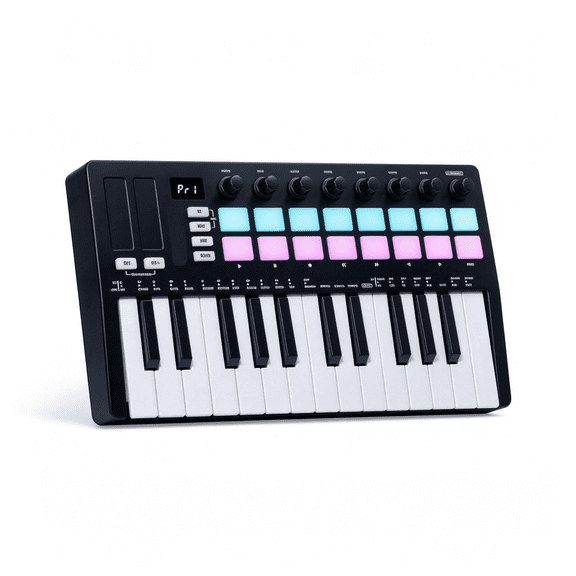 GJX 25 Keys 16 Backlit Drum Pads Midi Keyboard - Professional Beat Maker and Keytar for Keyboard Music Production Builtin Battery Wireless Connect Black