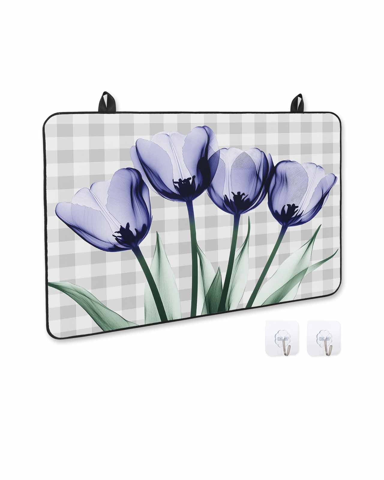 nqOlkjepod Large Induction Cooktop Protector Mat 24"x21", Light Purple Tulip Stove Top Covers for Electric Stove, Farmhouse Flowers Grey Checkered Stove Burner Cover Mats, Glass Top Stove Cover