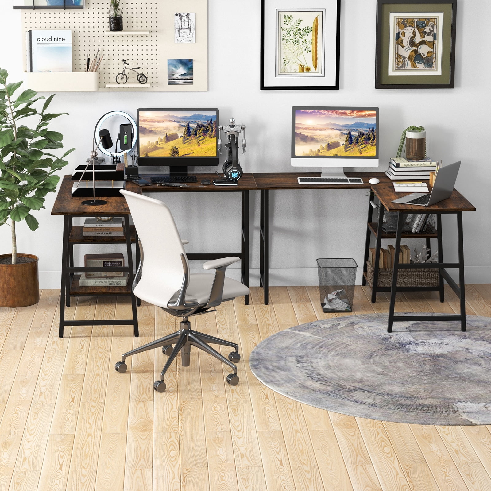 Giantex L Shaped Desk, Corner Gaming Desk w/Storage Shelves, Industrial Writing Desk Workstation, Brown