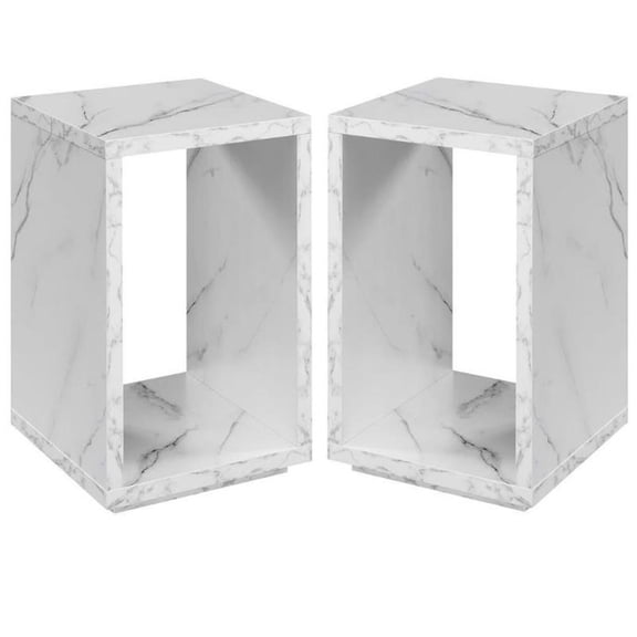 Home Square End Table with Shelf in White Marble Wood - Set of 2
