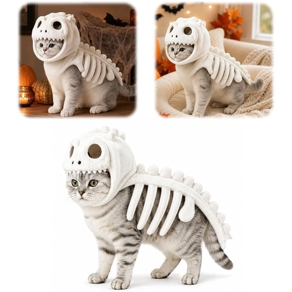 Dog Cat Pet Dinosaur Skeleton halloween Costume, Soft Plush T Rex Halloween Outfit with 3D Bone Hood for Medium Large Pets.S