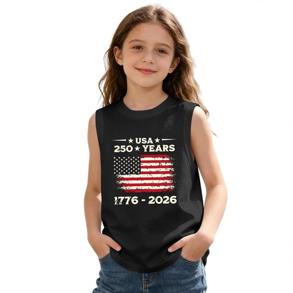 Kids USA 250th Independence Day Sleeveless Tank Top, Patriotic Flag Print Crew Neck Casual Tee for Boys Girls, Lightweight Summer Top for 4th of July(Black3,12-13 Years)
