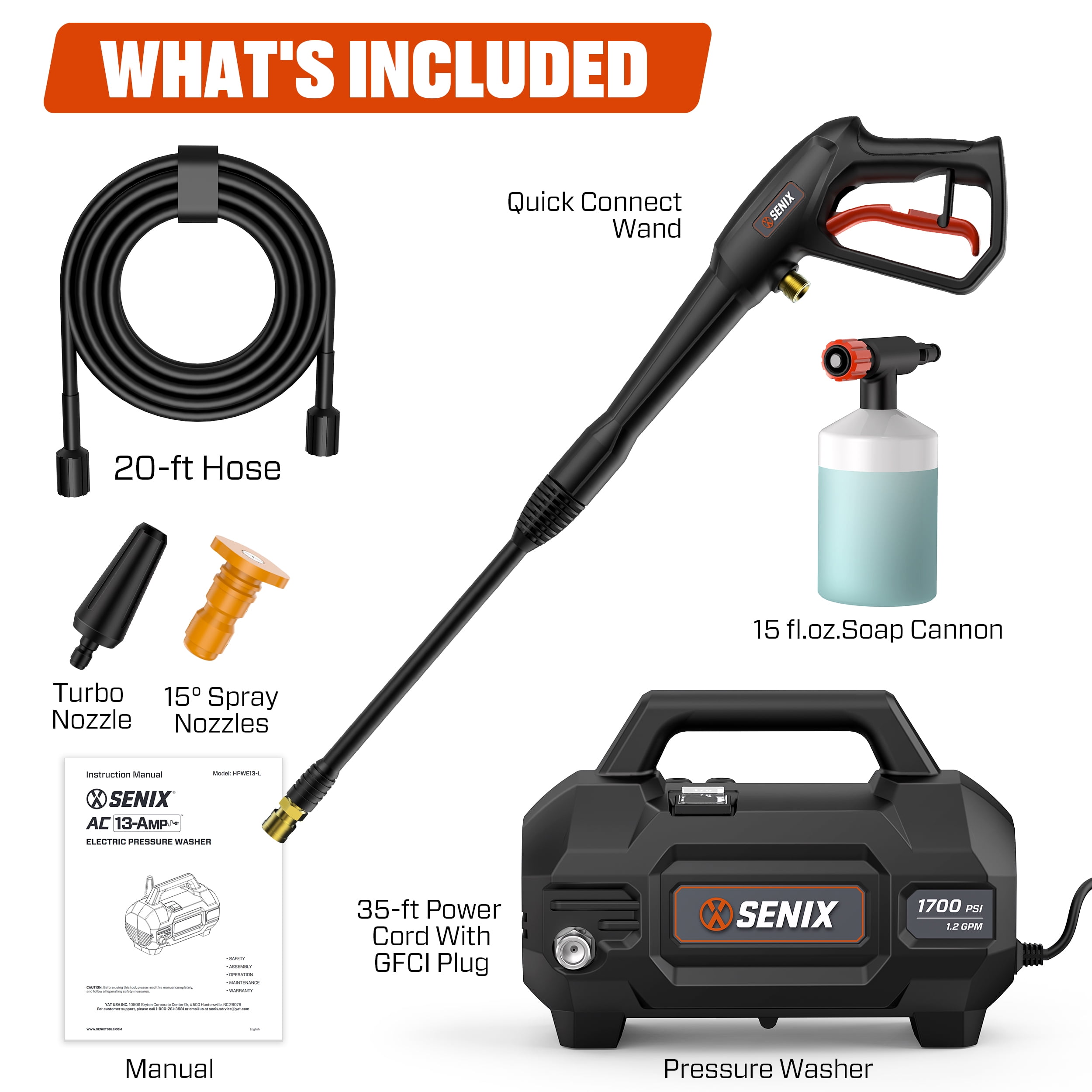 Senix 1700 PSI 1.2 GPM 13 Amp Electric Pressure Washer with Turbo Nozzle and Foam Cannon, Model HPWE13-L