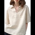 thumbnail image 2 of Camisas de Cuello en V para Mujer, Blusas Casuales de Corta con Solapa y Bolsillos Dobles. Beige L, 2 of 10