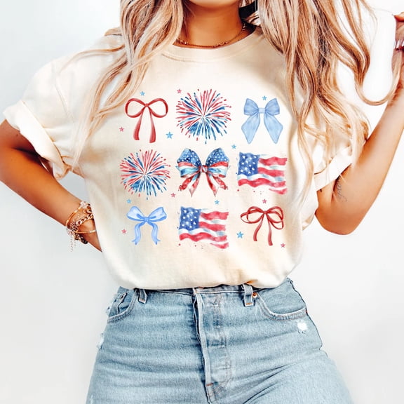 Patriotic Bows & Fireworks T-Shirt – Stylish USA Flag Graphic Tee with Festive American-Inspired Design for Women
