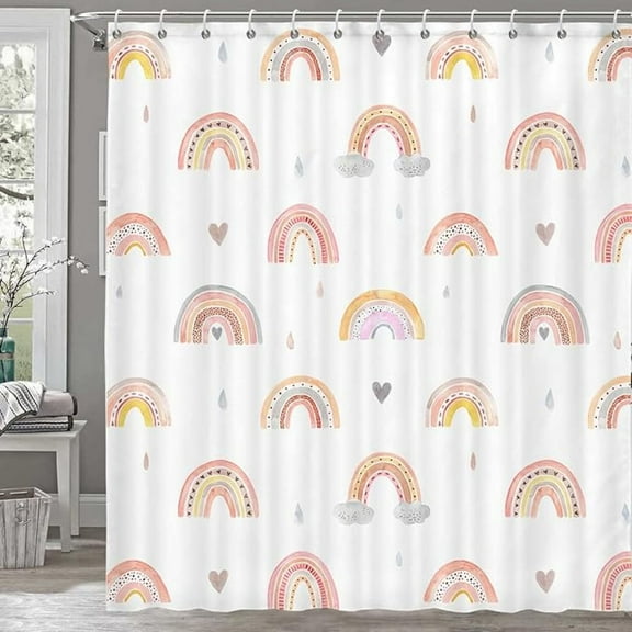 Rainbow Shower Curtain For Bathroom, Modern Simple Cute Boho Bath Curtains , Mid Century Abstract Sun Rainbow Fabric Colourful Shower Curtain With Hook 72"W x 72"L