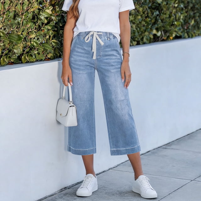 TaTaai Women's Relaxed Fit Capri Jeans Solid Color Cropped 7/8 Length with Drawstring Elastic Waist and Side Pockets for Casual Everyday Style Gift