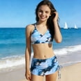 thumbnail image 4 of Girls 3 Piece Swimsuit Spaghetti Strap Criss Cross V Neck Tie Dye Print Halter Thong With Skirts Stretchy Bathing Suit (11-12Years, Dark Blue), 4 of 6
