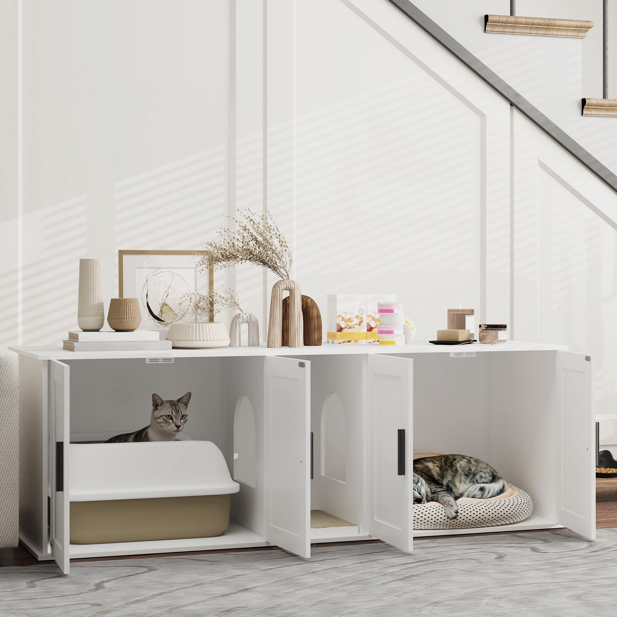 PawHut Cat Litter Box Enclosure for 2 Cats, Cat Washroom Furniture with Double Room, Scratching Mat, 57" x 19" x 20", White