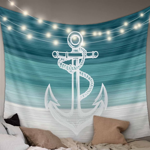 Nautical Anchor Teal Green Large Tapestry for Bedroom Wall Hanging Tapestry,Coastal Ocean Ombre Striped Ceiling Backdrop Tapestries Poster Blanket Wall Decor for Teens Room Living Room 100" x 59"