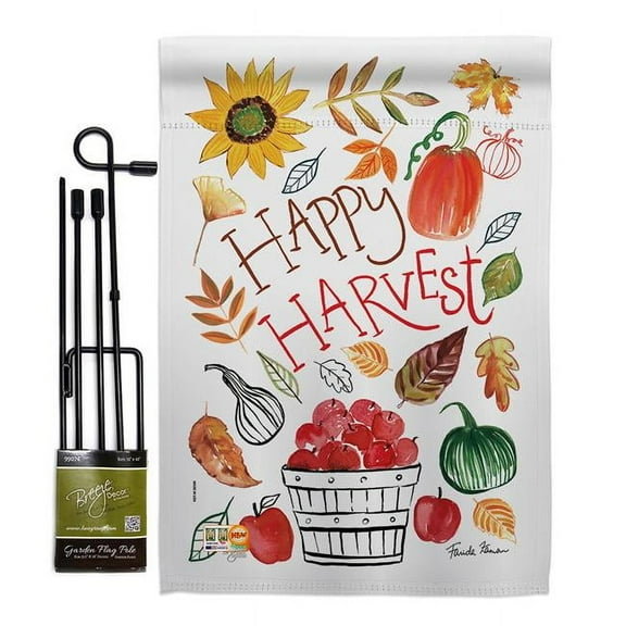 Breeze Decor BD-HA-GS-113073-IP-BO-D-US18-WA 13 x 18.5 in. Happy Harvest Fall & Autumn Vertical Double Sided Mini Garden Flag Set with Banner Pole